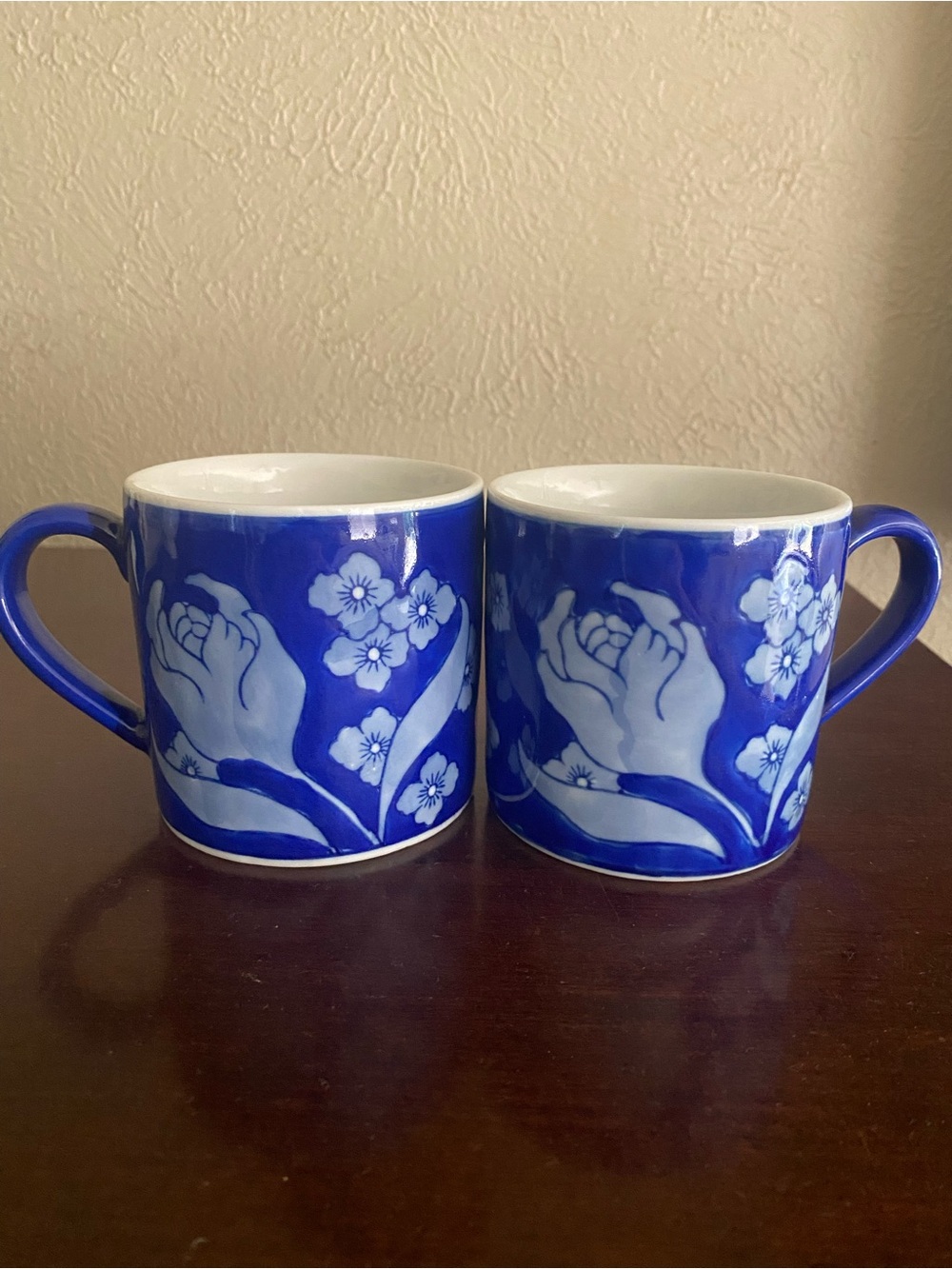 Rare, Vintage, Set of 2, April Cornell Ceramic Blue and White Mugs